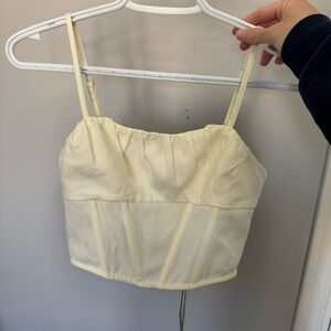 NWT PrettyLittleThing Cream Woven Ruffle Corset Detail Bardot Crop Top